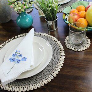 NEW Set of 4-Premium Coasters-Seashell-Trimmed Rattan-Grey-Eco Handcraft